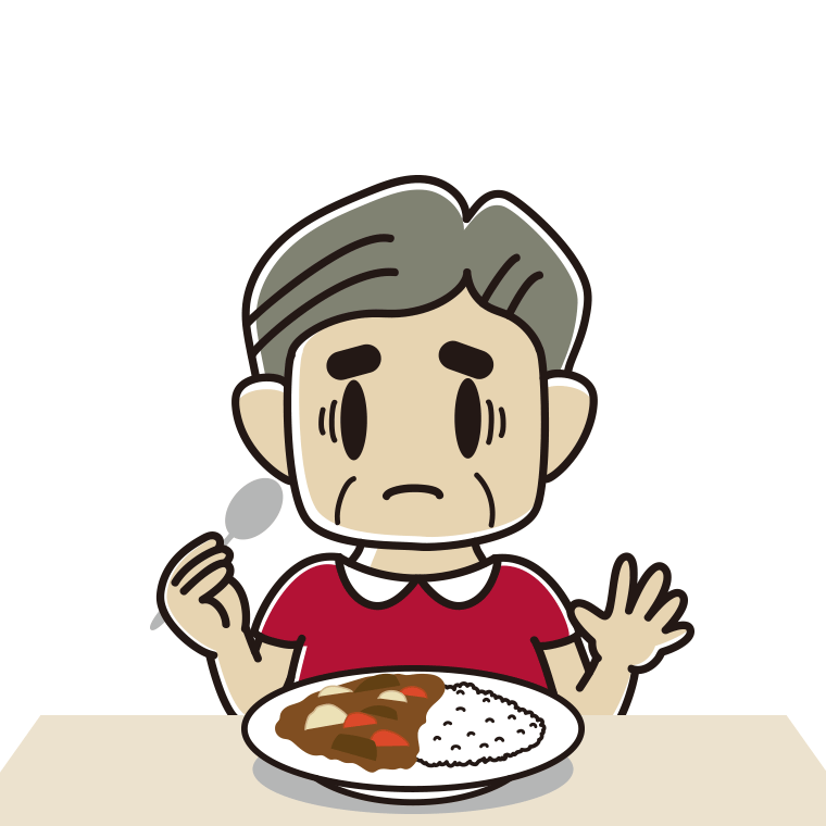 カレーライスで困るおじさんのイラスト【色あり、背景なし】透過PNG