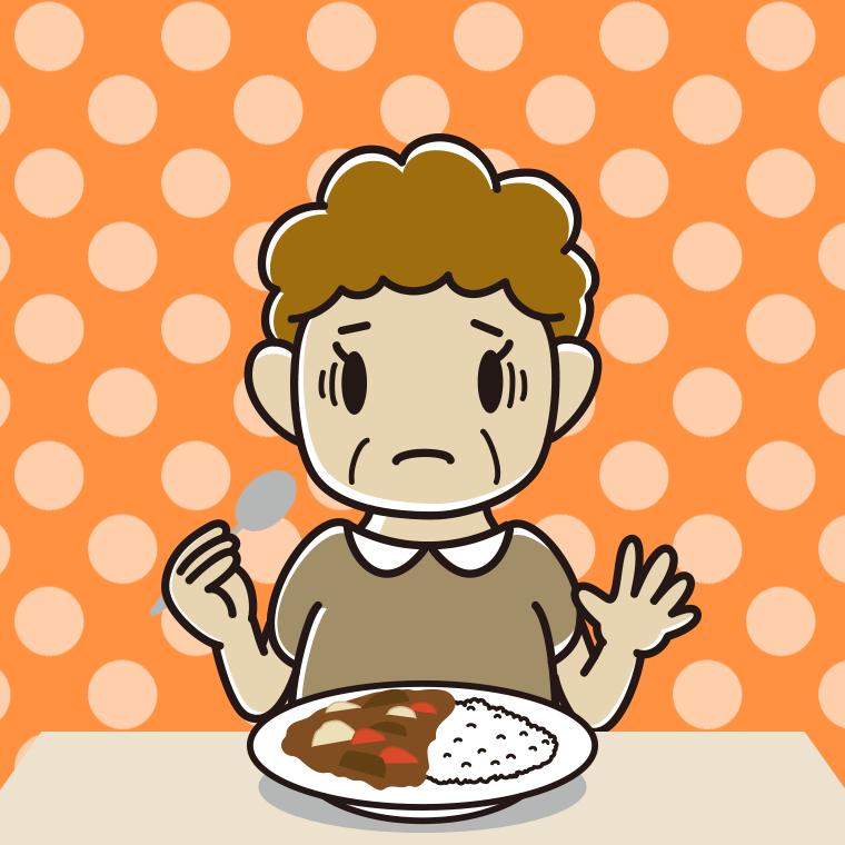 カレーライスで困るおばさんのイラスト【色、背景あり】PNG