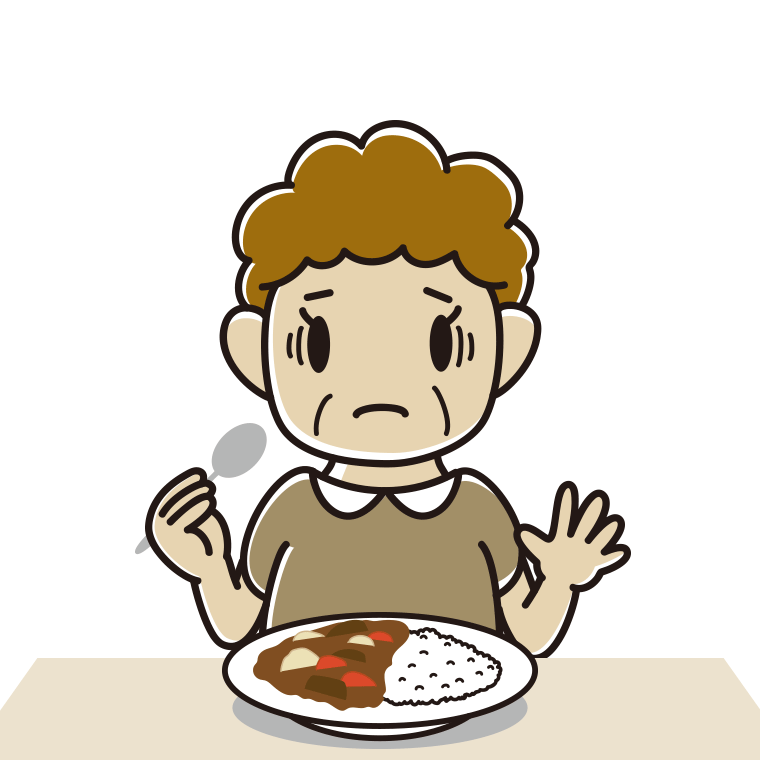 カレーライスで困るおばさんのイラスト【色あり、背景なし】透過PNG