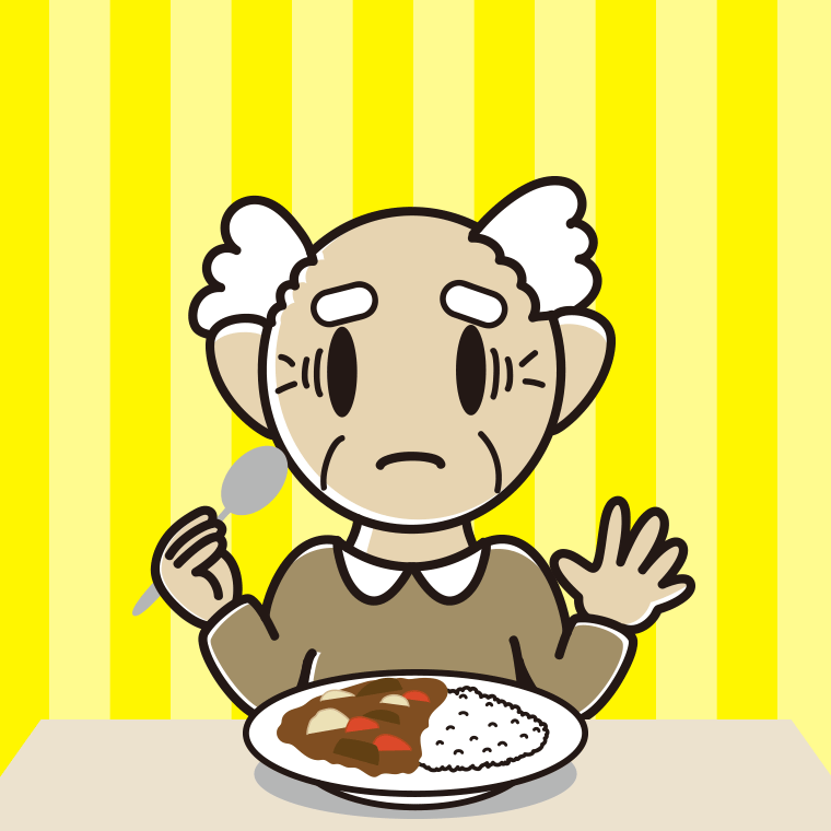 カレーライスで困るおじいさんのイラスト【色、背景あり】PNG