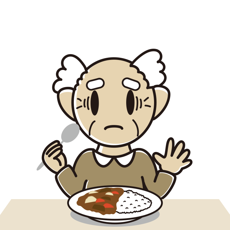 カレーライスで困るおじいさんのイラスト【色あり、背景なし】透過PNG