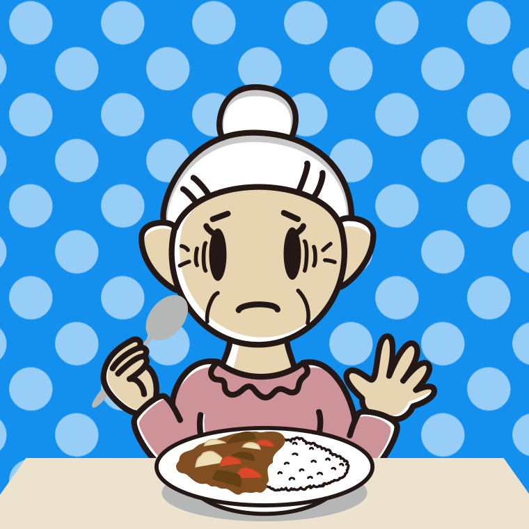カレーライスで困るおばあさんのイラスト【色、背景あり】PNG