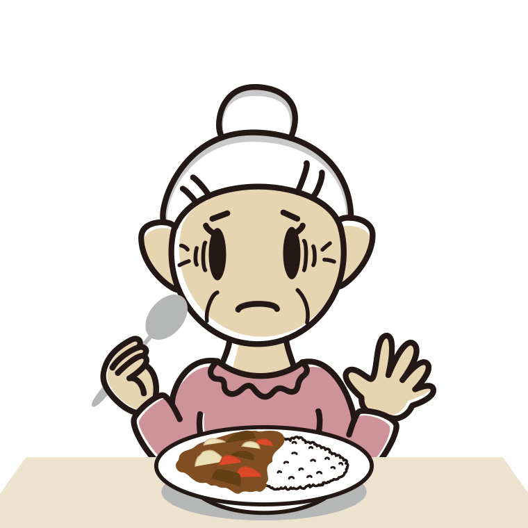 カレーライスで困るおばあさんのイラスト【色あり、背景なし】透過PNG