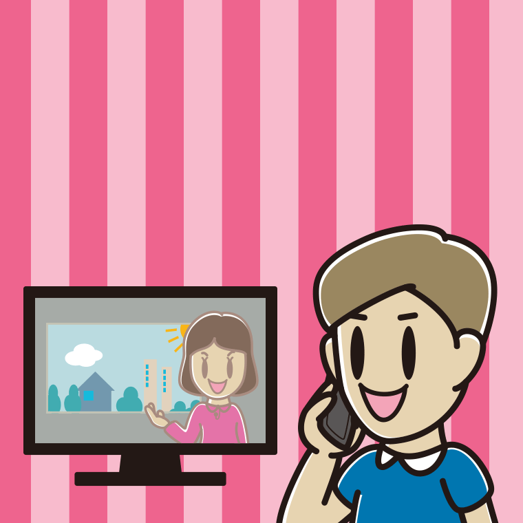 テレビを見ながらスマホで電話する男性のイラスト【色、背景あり】PNG