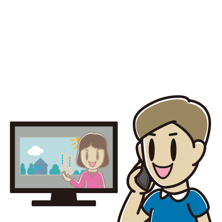 テレビを見ながらスマホで電話する男性のイラスト【色あり、背景なし】透過PNG
