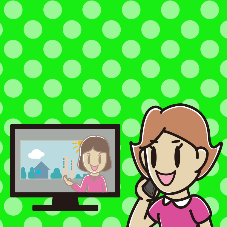 テレビを見ながらスマホで電話する女性のイラスト【色、背景あり】PNG