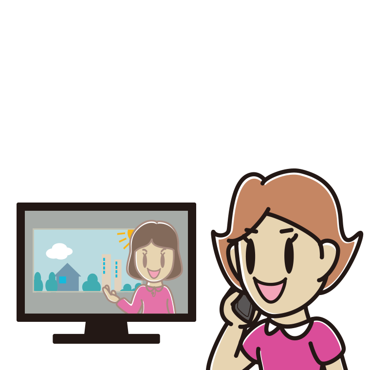 テレビを見ながらスマホで電話する女性のイラスト【色あり、背景なし】透過PNG