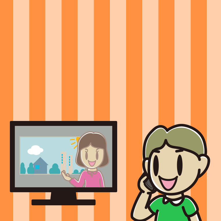 テレビを見ながらスマホで電話する小学生男子のイラスト【色、背景あり】PNG