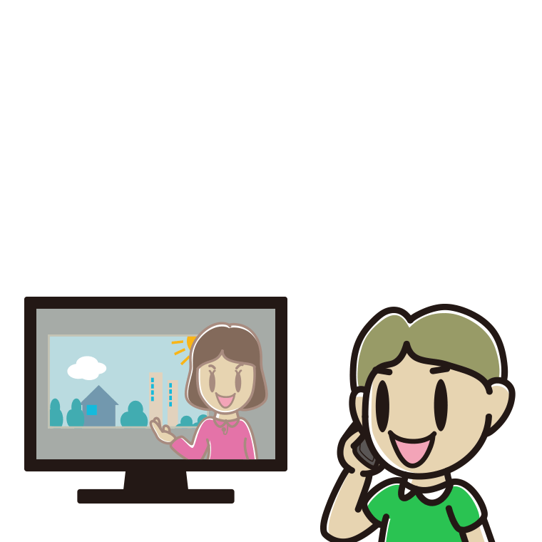 テレビを見ながらスマホで電話する小学生男子のイラスト【色あり、背景なし】透過PNG