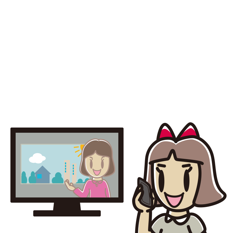 テレビを見ながらスマホで電話する小学生女子のイラスト【色あり、背景なし】透過PNG