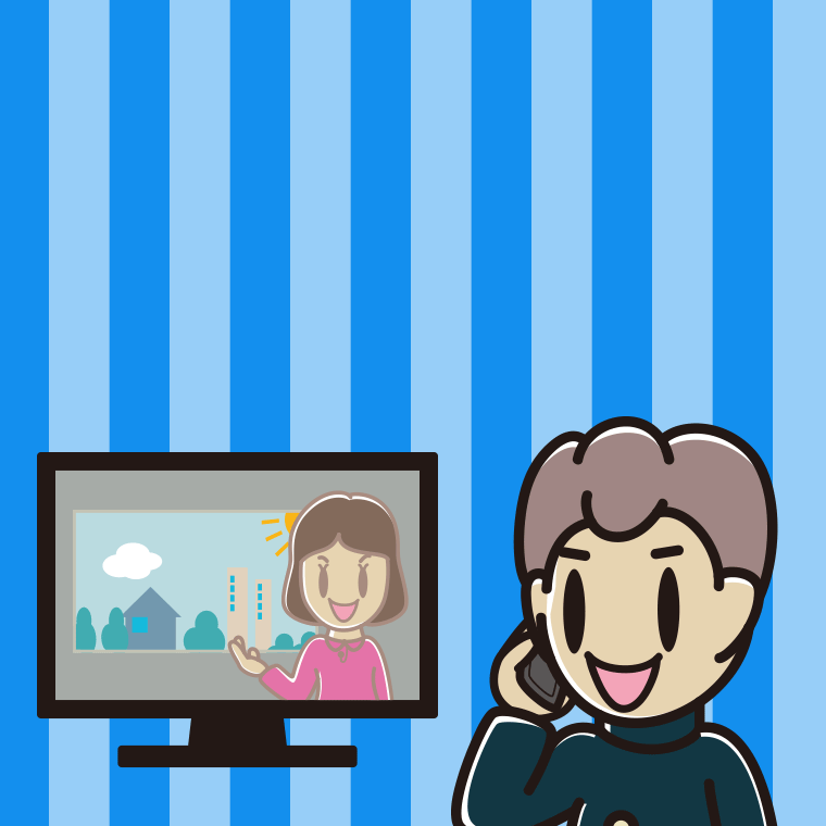 テレビを見ながらスマホで電話する男子中学生のイラスト【色、背景あり】PNG