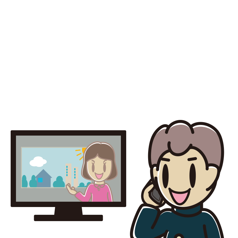 テレビを見ながらスマホで電話する男子中学生のイラスト【色あり、背景なし】透過PNG