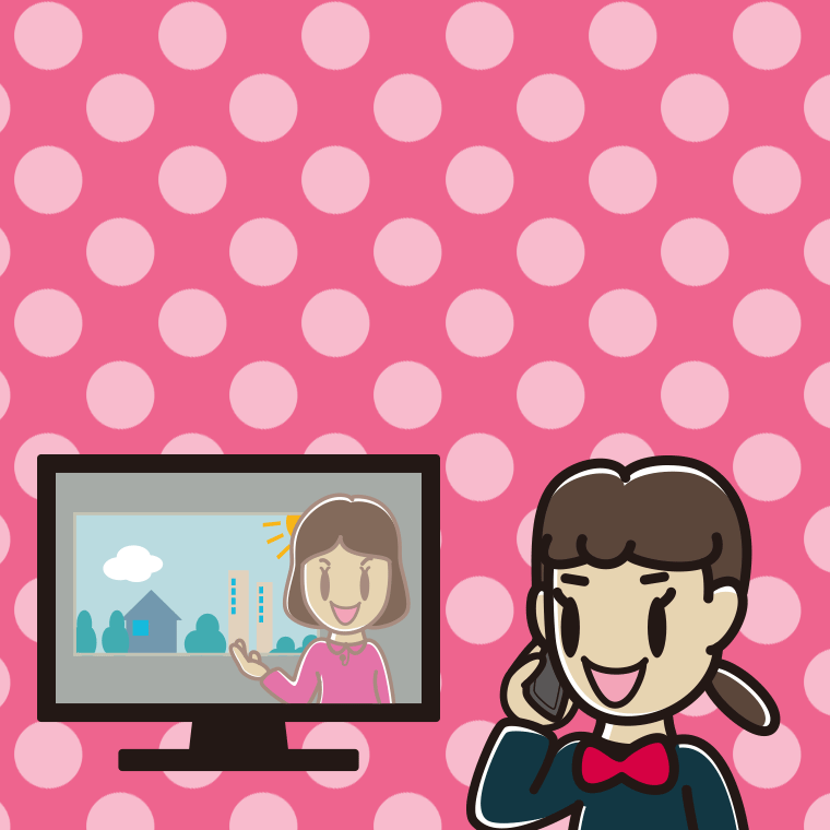 テレビを見ながらスマホで電話する女子中学生のイラスト【色、背景あり】PNG