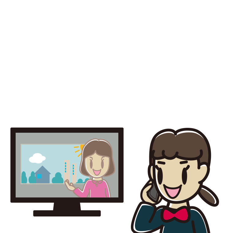 テレビを見ながらスマホで電話する女子中学生のイラスト【色あり、背景なし】透過PNG