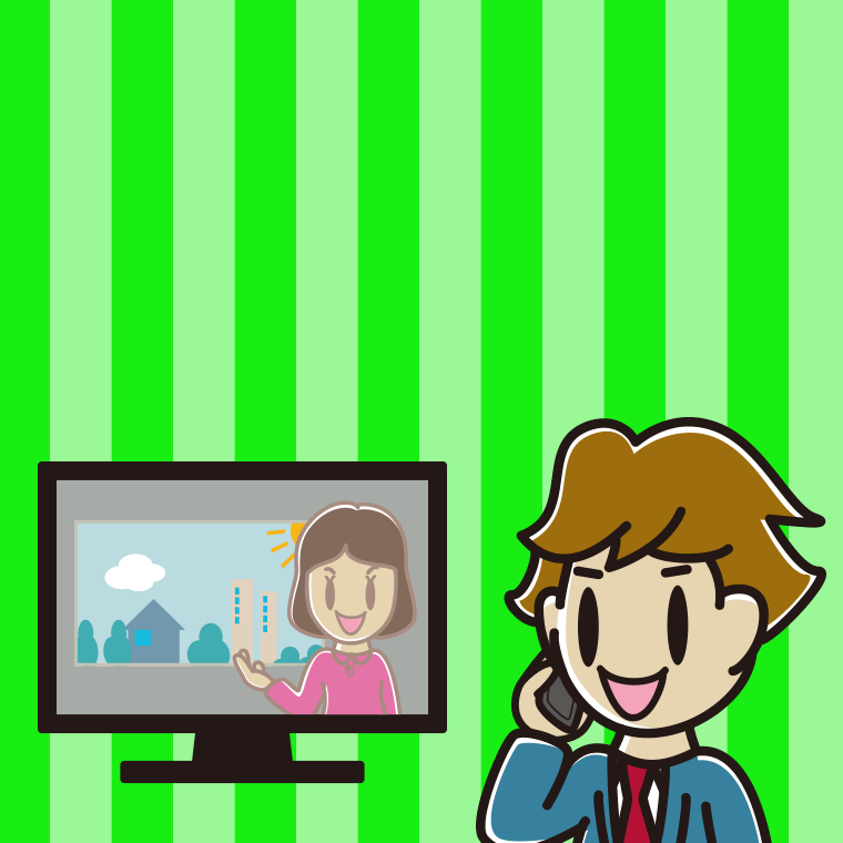 テレビを見ながらスマホで電話する男子高校生のイラスト【色、背景あり】PNG