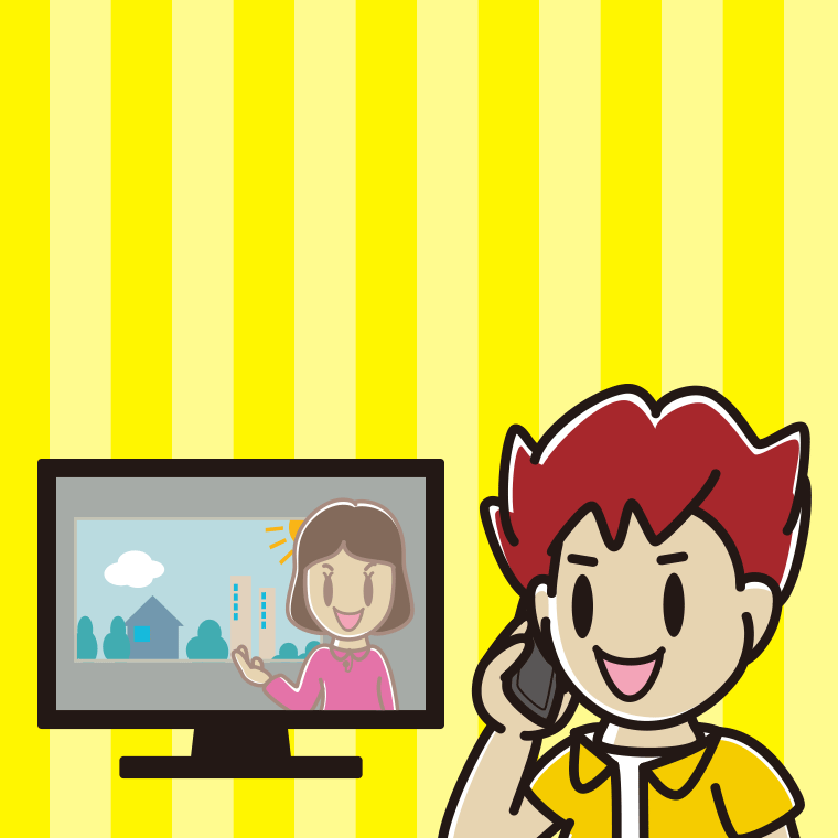 テレビを見ながらスマホで電話する男子大学生のイラスト【色、背景あり】PNG