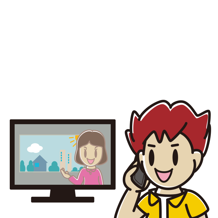テレビを見ながらスマホで電話する男子大学生のイラスト【色あり、背景なし】透過PNG