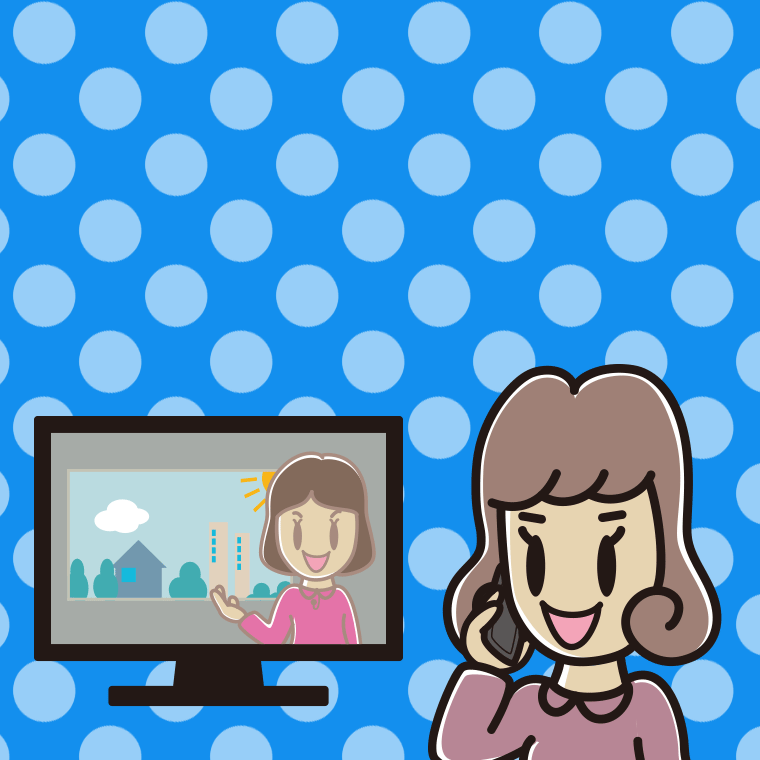テレビを見ながらスマホで電話する女子大学生のイラスト【色、背景あり】PNG