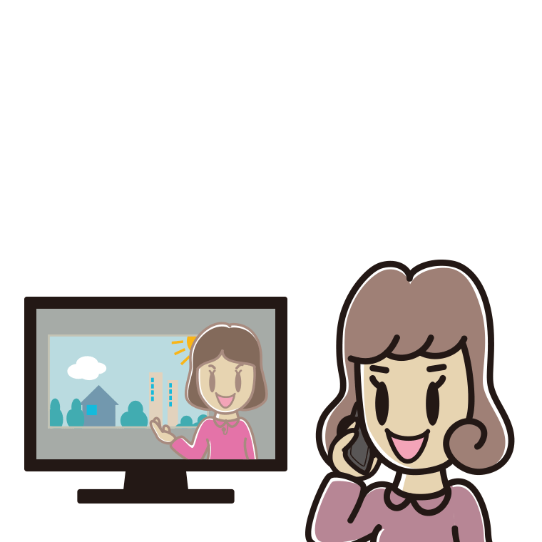 テレビを見ながらスマホで電話する女子大学生のイラスト【色あり、背景なし】透過PNG