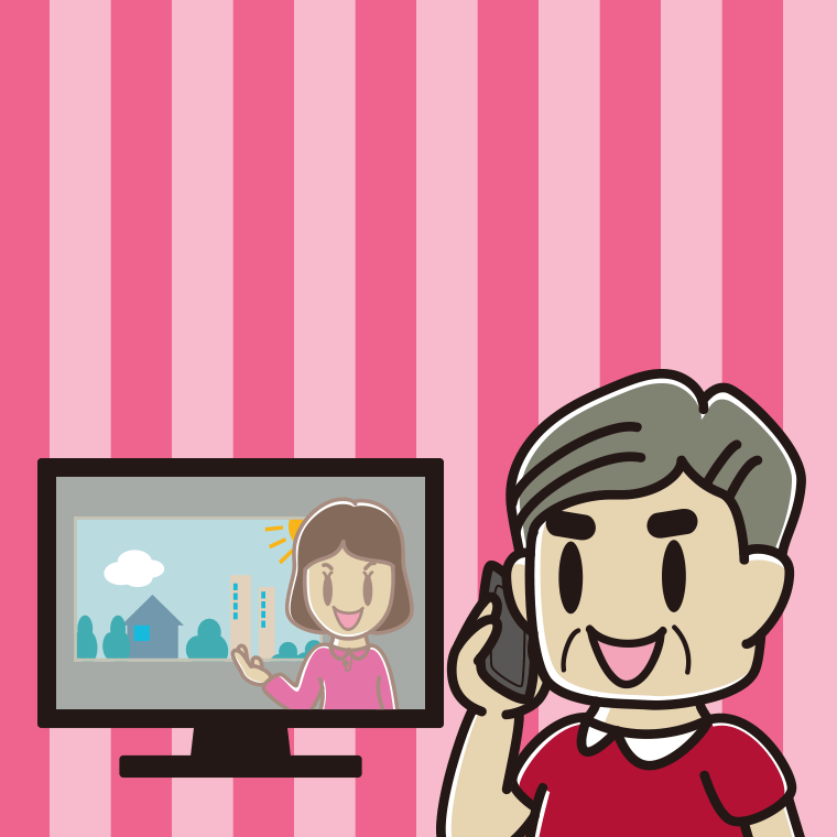 テレビを見ながらスマホで電話するおじさんのイラスト【色、背景あり】PNG