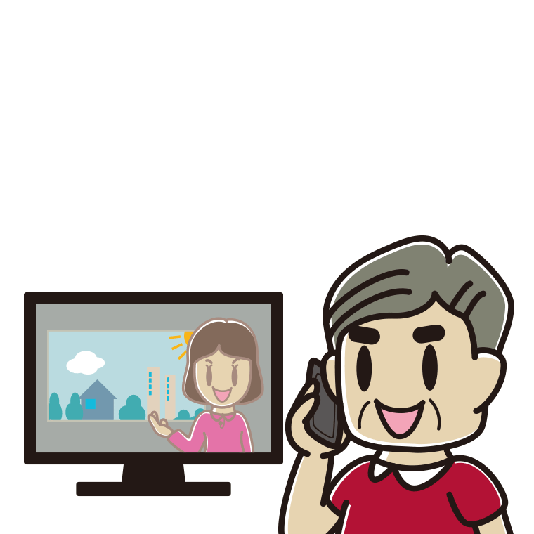 テレビを見ながらスマホで電話するおじさんのイラスト【色あり、背景なし】透過PNG