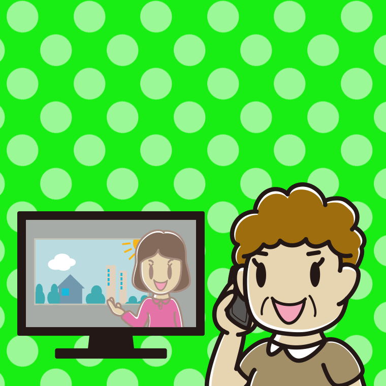 テレビを見ながらスマホで電話するおばさんのイラスト【色、背景あり】PNG