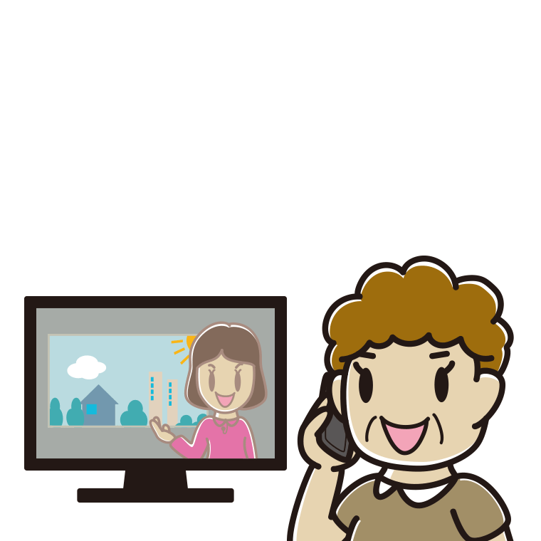 テレビを見ながらスマホで電話するおばさんのイラスト【色あり、背景なし】透過PNG