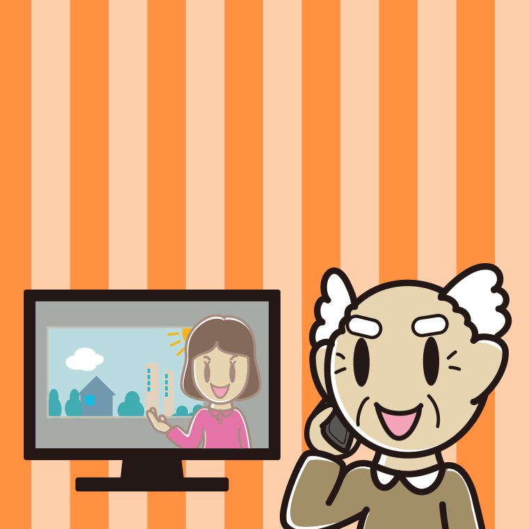 テレビを見ながらスマホで電話するおじいさんのイラスト【色、背景あり】PNG