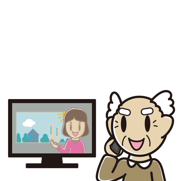 テレビを見ながらスマホで電話するおじいさんのイラスト【色あり、背景なし】透過PNG
