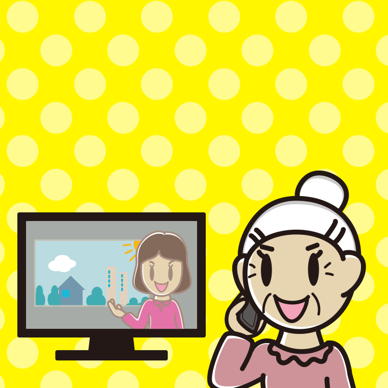 テレビを見ながらスマホで電話するおばあさんのイラスト【色、背景あり】PNG