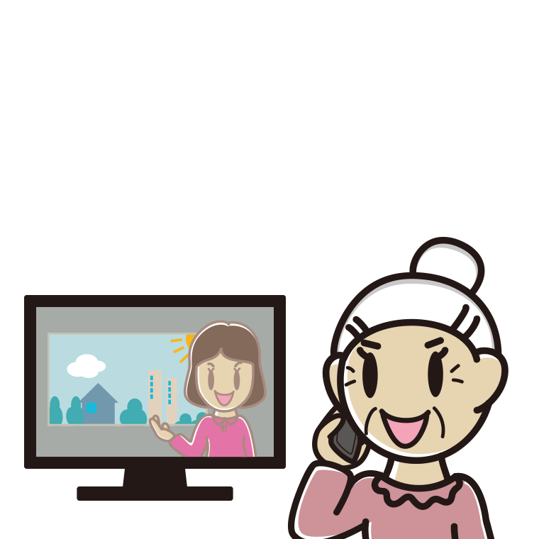 テレビを見ながらスマホで電話するおばあさんのイラスト【色あり、背景なし】透過PNG