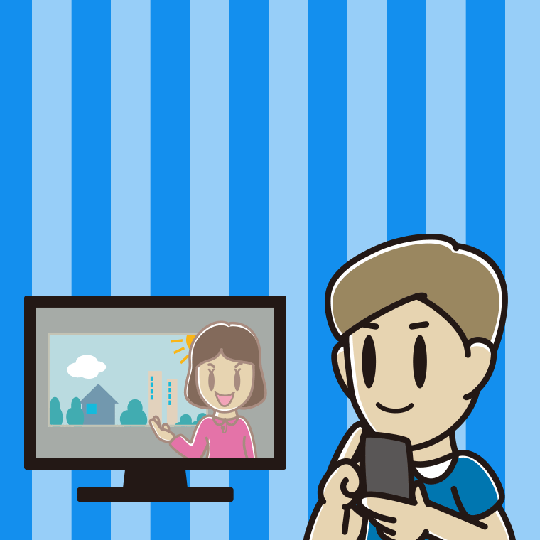 テレビを見ながらスマホを使う男性のイラスト【色、背景あり】PNG