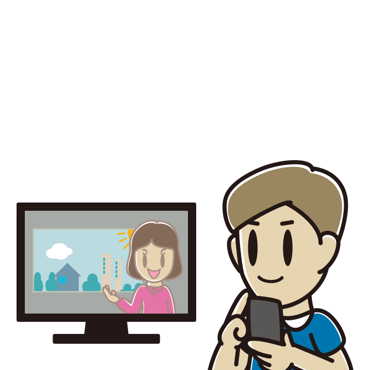 テレビを見ながらスマホを使う男性のイラスト【色あり、背景なし】透過PNG