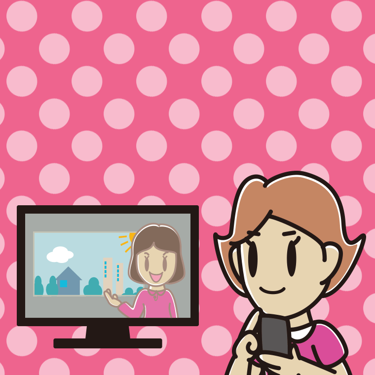 テレビを見ながらスマホを使う女性のイラスト【色、背景あり】PNG