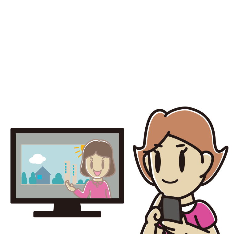 テレビを見ながらスマホを使う女性のイラスト【色あり、背景なし】透過PNG