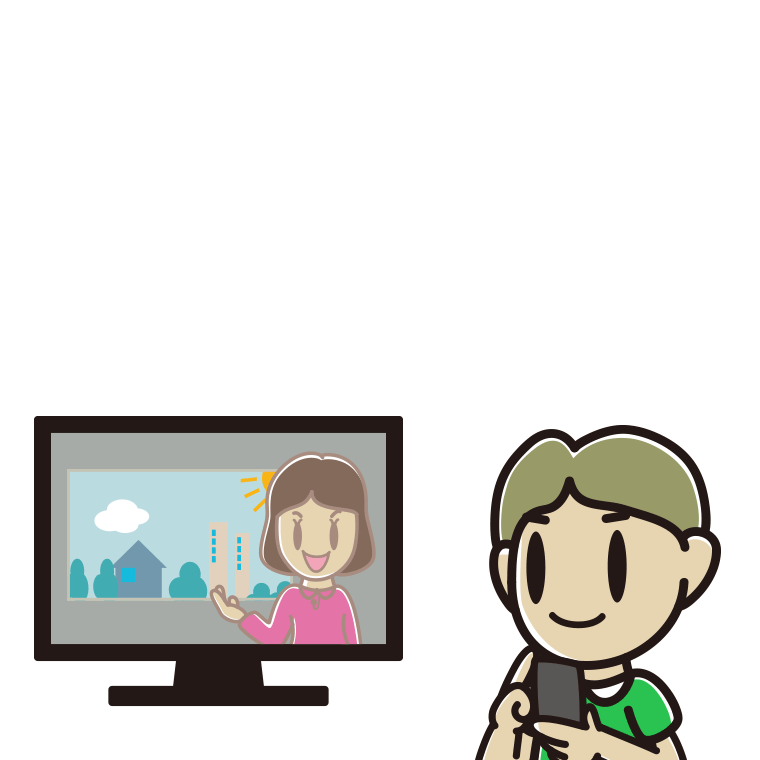 テレビを見ながらスマホを使う小学生男子のイラスト【色あり、背景なし】透過PNG