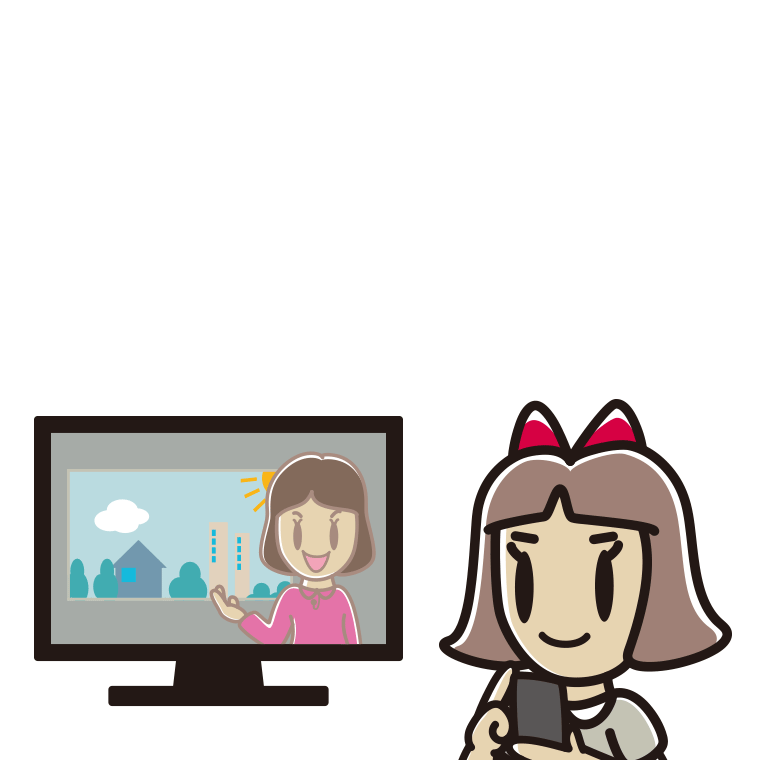 テレビを見ながらスマホを使う小学生女子のイラスト【色あり、背景なし】透過PNG