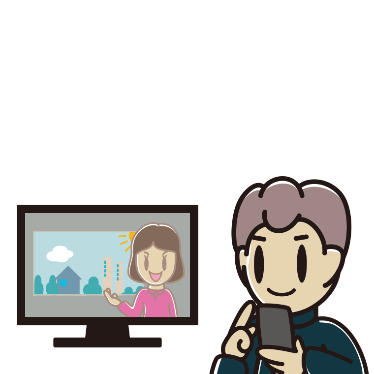テレビを見ながらスマホを使う男子中学生のイラスト【色あり、背景なし】透過PNG
