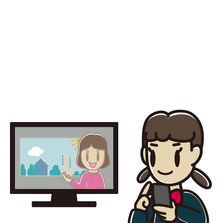 テレビを見ながらスマホを使う女子中学生のイラスト【色あり、背景なし】透過PNG