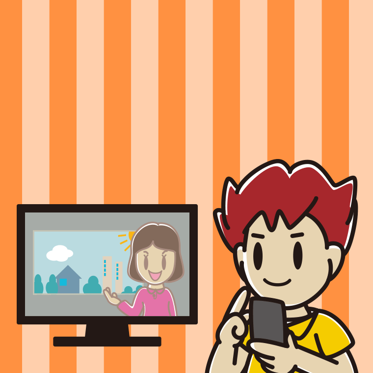 テレビを見ながらスマホを使う男子大学生のイラスト【色、背景あり】PNG