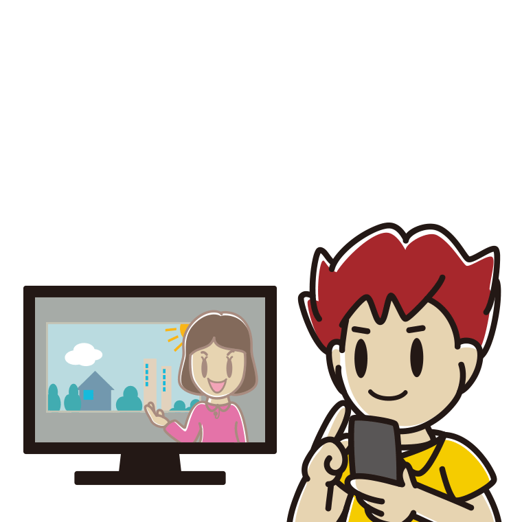 テレビを見ながらスマホを使う男子大学生のイラスト【色あり、背景なし】透過PNG