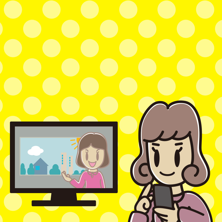 テレビを見ながらスマホを使う女子大学生のイラスト【色、背景あり】PNG