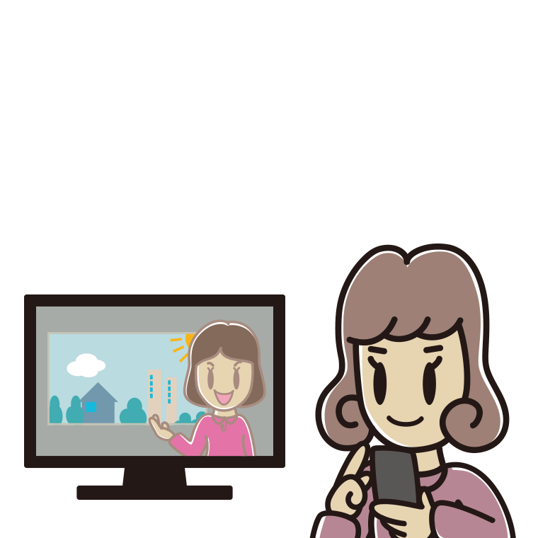 テレビを見ながらスマホを使う女子大学生のイラスト【色あり、背景なし】透過PNG