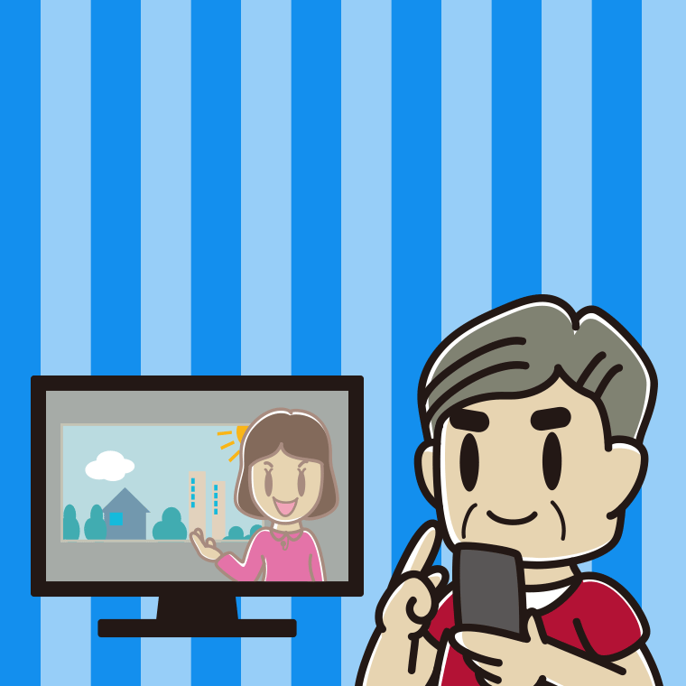テレビを見ながらスマホを使うおじさんのイラスト【色、背景あり】PNG