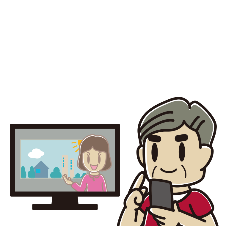 テレビを見ながらスマホを使うおじさんのイラスト【色あり、背景なし】透過PNG