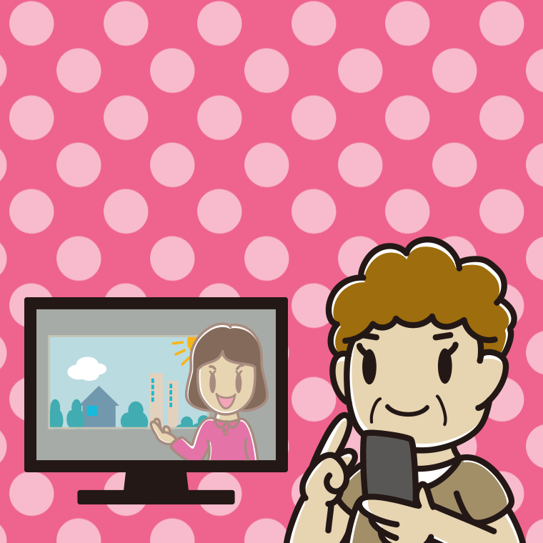 テレビを見ながらスマホを使うおばさんのイラスト【色、背景あり】PNG