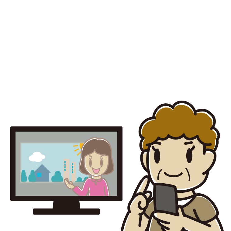 テレビを見ながらスマホを使うおばさんのイラスト【色あり、背景なし】透過PNG