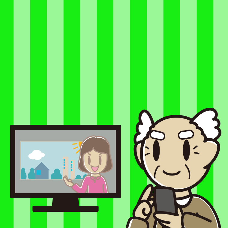 テレビを見ながらスマホを使うおじいさんのイラスト【色、背景あり】PNG
