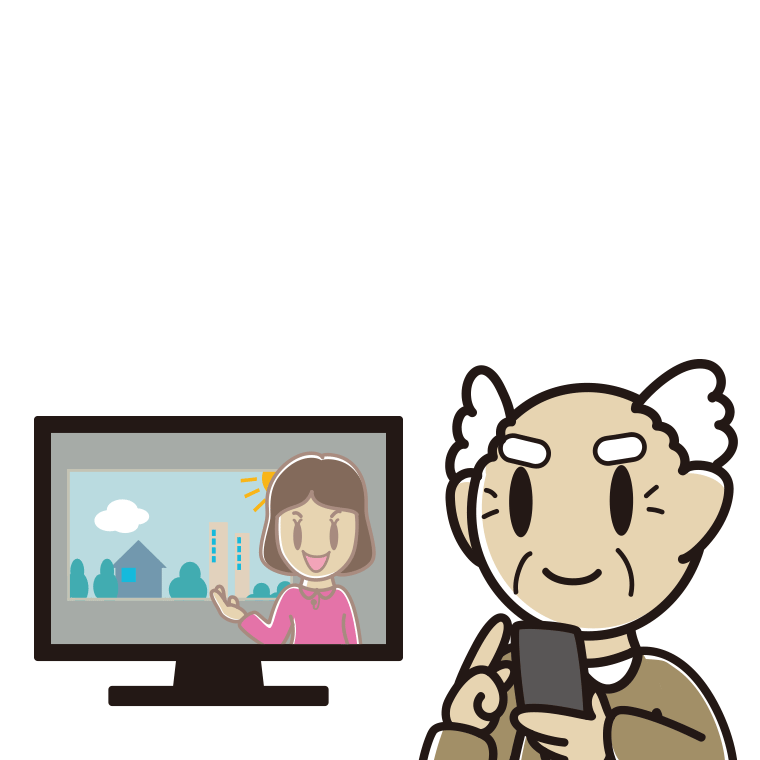 テレビを見ながらスマホを使うおじいさんのイラスト【色あり、背景なし】透過PNG