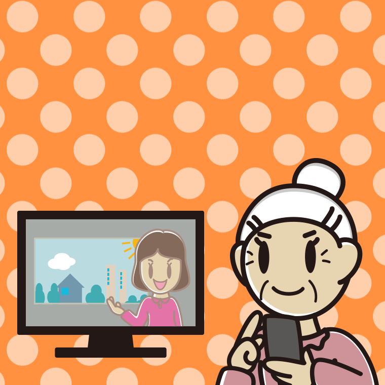 テレビを見ながらスマホを使うおばあさんのイラスト【色、背景あり】PNG